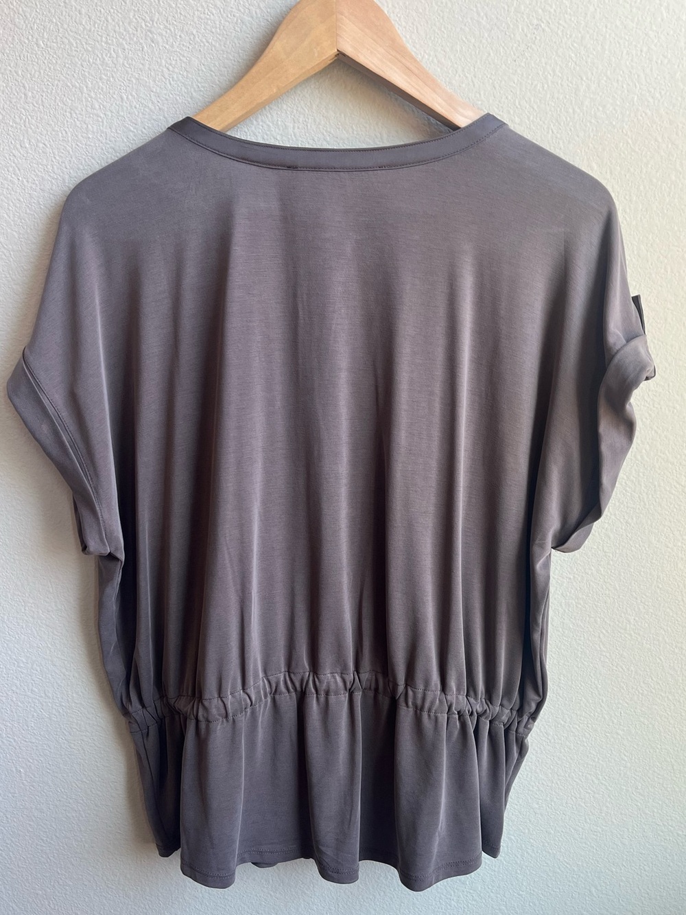 Short Sleeve Drawstring Utility Tunic Blouse - Taupe Brown Office Chic - Picture 4 of 6